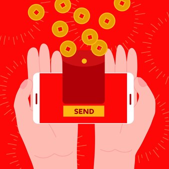 Banner concept of sending red envelopes with smartphone two hands holding phone with hongbao on the ...