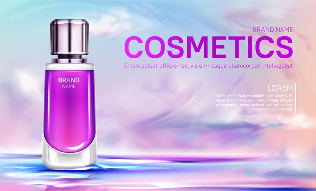 banner of Cosmetics bottle on cloudy sky