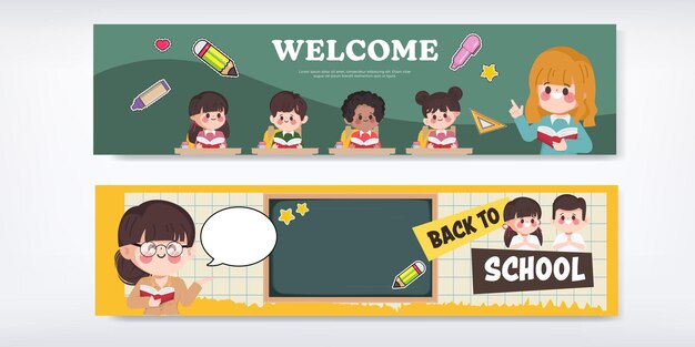 Banner education with Cute cartoon student back to school character.