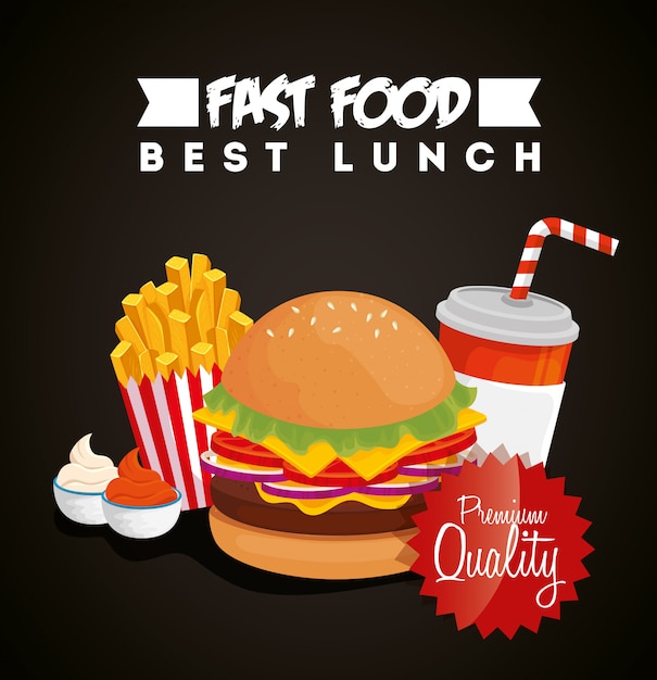 banner of fast food with hamburger and premium quality   