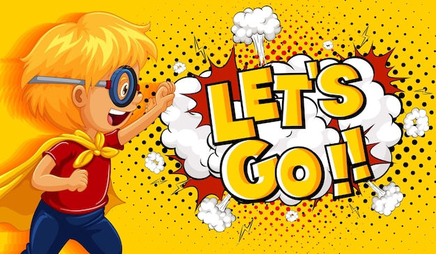 Free vector banner let's go word on explosion with boy cartoon character