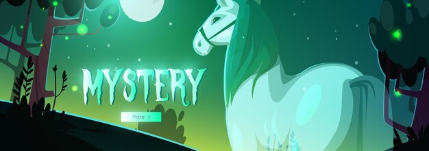 Banner of mystery with glowing horse ghost in dark forest at night