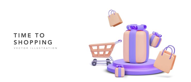 Banner online shopping with gift on platform and cart with shopping bag isolated on white background Vector illustration