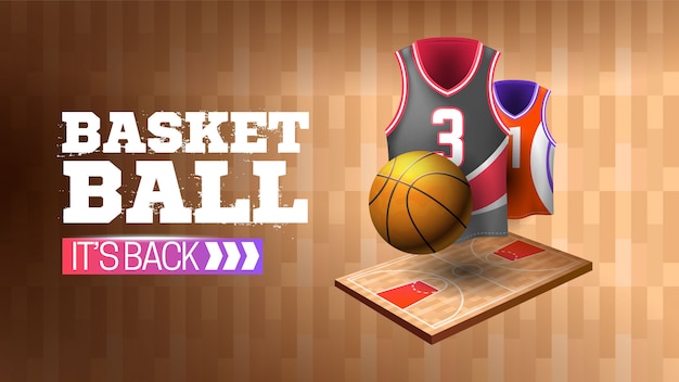 Free vector banner returned basketball with wood texture