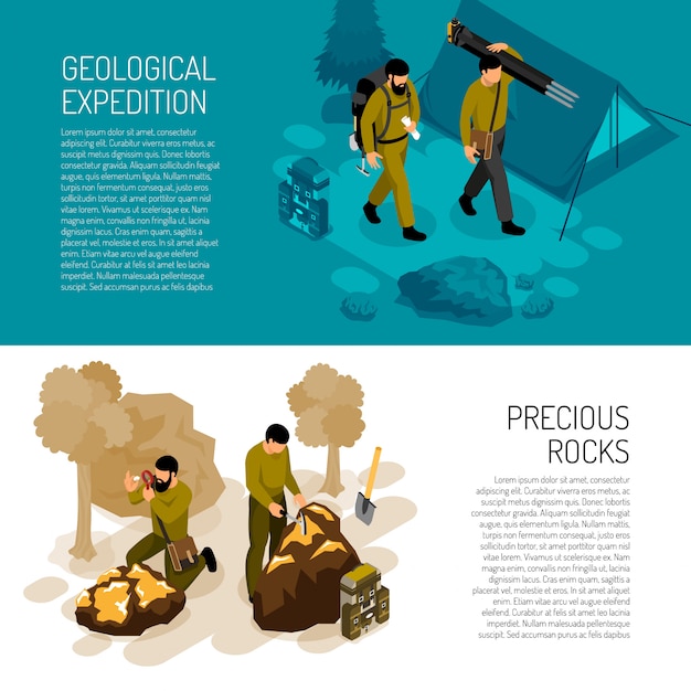 banner template about expedition fieldwork gear and rocks minerals testing kit vector illustration