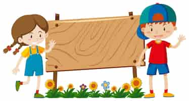 Free vector banner template design with boy and girl in garden