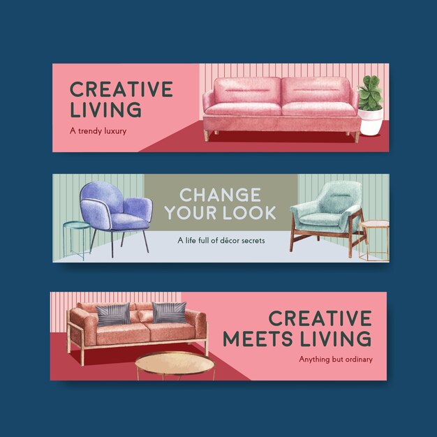 Banner template set with luxury furniture in watercolor style