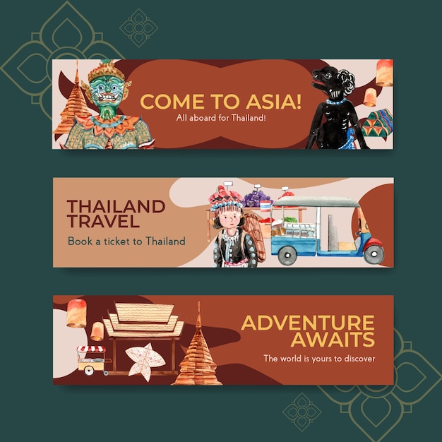 Vettore gratuito modello di banner impostato con viaggi in thailandia per fare pubblicità in stile acquerello
