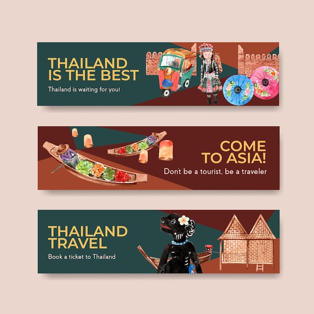 Modello di banner impostato con viaggi in thailandia per fare pubblicità in stile acquerello