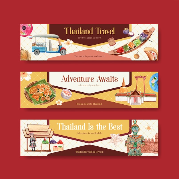 Modello di banner impostato con viaggi in thailandia per fare pubblicità in stile acquerello