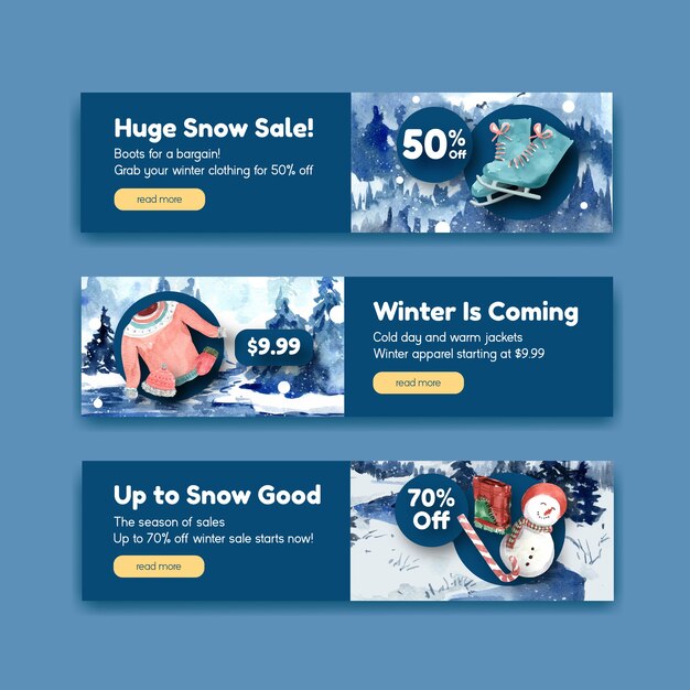 Banner template set with winter sale for advertise in watercolor style