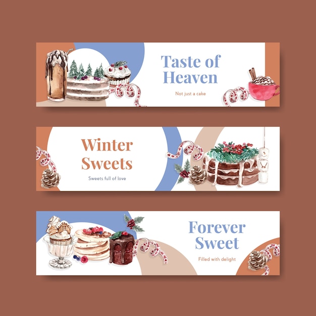Шаблон баннера с зимними сладостями в стиле акварели