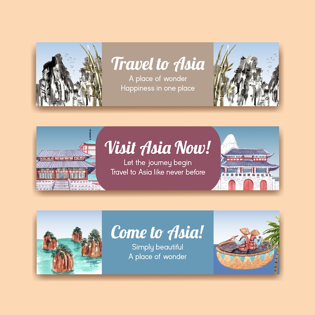 Modello di banner con concept design di viaggio in asia per pubblicizzare e commercializzare illustrazione vettoriale dell'acquerello