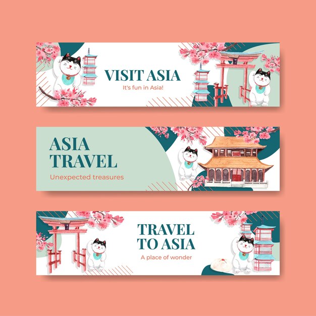 Free vector banner template with asia travel concept design for advertise and marketing watercolor vector illustration
