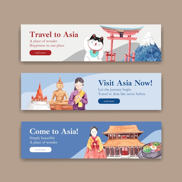 無料ベクター 水彩のベクトルイラストを宣伝し、マーケティングするためのアジア旅行のコンセプトデザインのバナーテンプレート