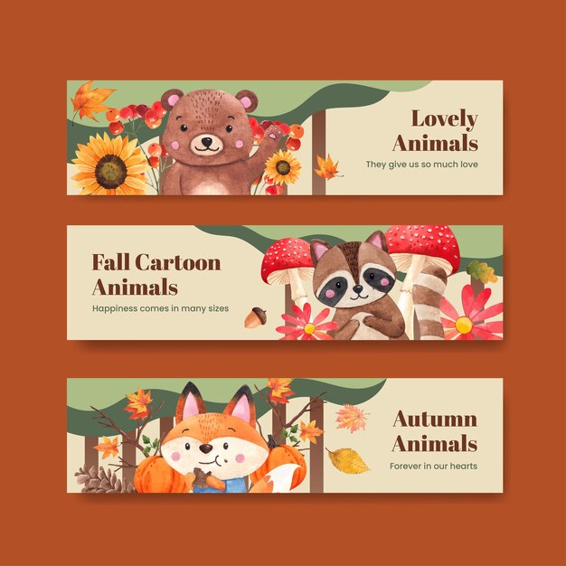 Free vector banner template with autumn animal in watercolor style