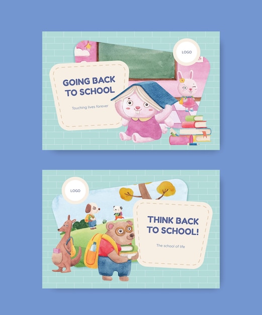 Banner template with back to school and cute animals concept,watercolor style