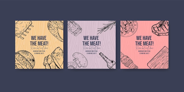 Free vector banner template with barbeque steak conceptdrawing monochrome illustrationxdxa