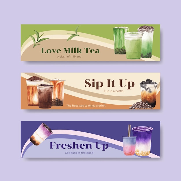 Free vector banner template with bubble milk tea