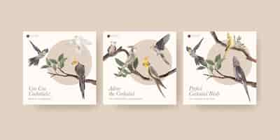 Free vector banner template with cockatiel bird concept,watercolor style