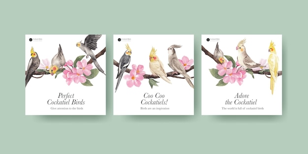 Free vector banner template with cockatiel bird concept,watercolor style
