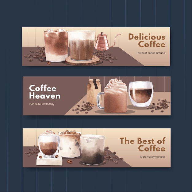 Free vector banner template with coffee in watercolor style