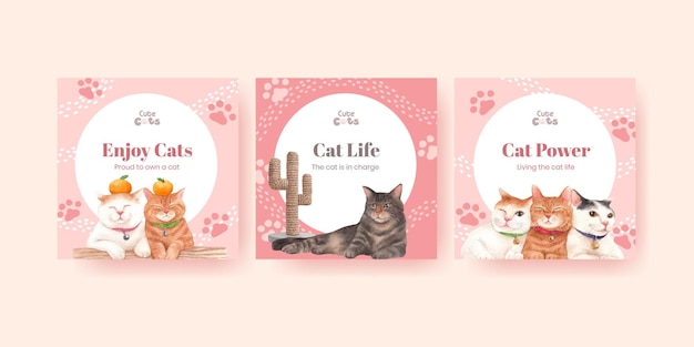 Banner template with cute cat in watercolor style