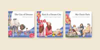 Free vector banner template with eifel in paris lover conceptwatercolor stylexa