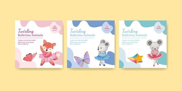 Banner template with Fairy ballerinas animals concept,watercolor style