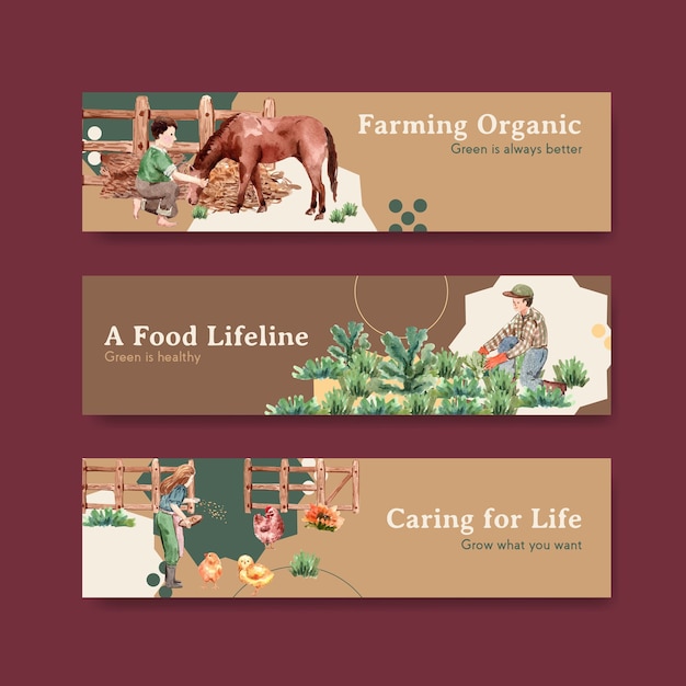 Banner template with farm organic concept design   watercolor    illustration.