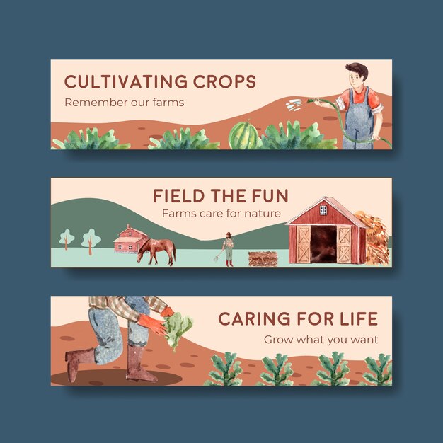 Banner template with farm organic concept design   watercolor    illustration.