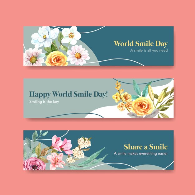 Free vector banner template with flowers bouquet design for world smile day concept to advertise and marketing watercolor vector illustraion.