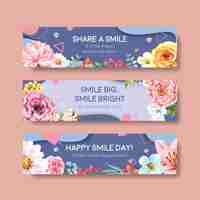 Free vector banner template with flowers bouquet design for world smile day concept to advertise and marketing watercolor vector illustraion.