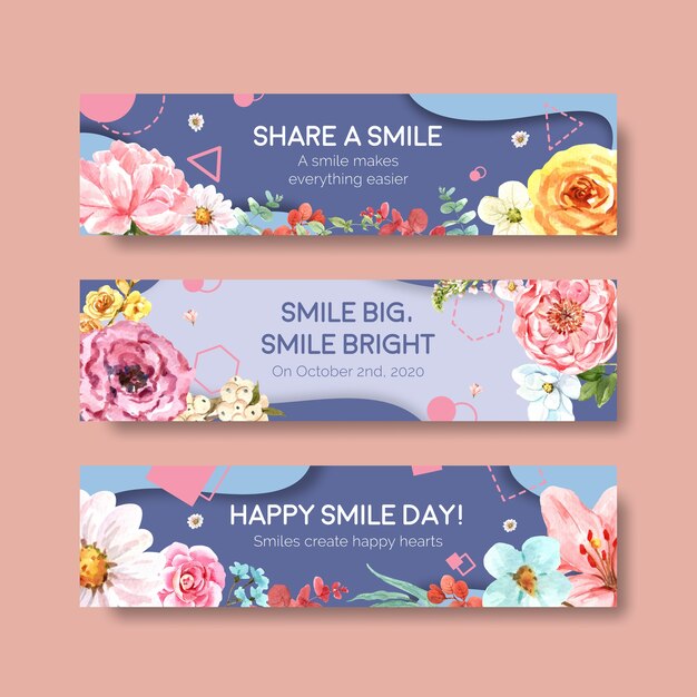 Шаблон баннера с дизайном букета цветов для концепции Всемирного дня улыбки для рекламы и маркетинга акварельной векторной иллюстрации.