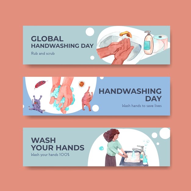 Banner template with global handwashing day concept design for advertise and marketing watercolor
