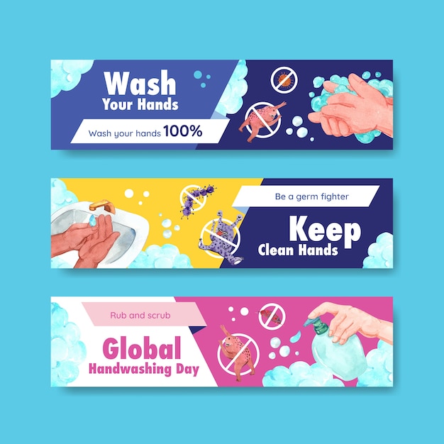 Vettore gratuito modello di banner con concept design globale del giorno del lavaggio delle mani per la pubblicità e l'acquerello di marketing
