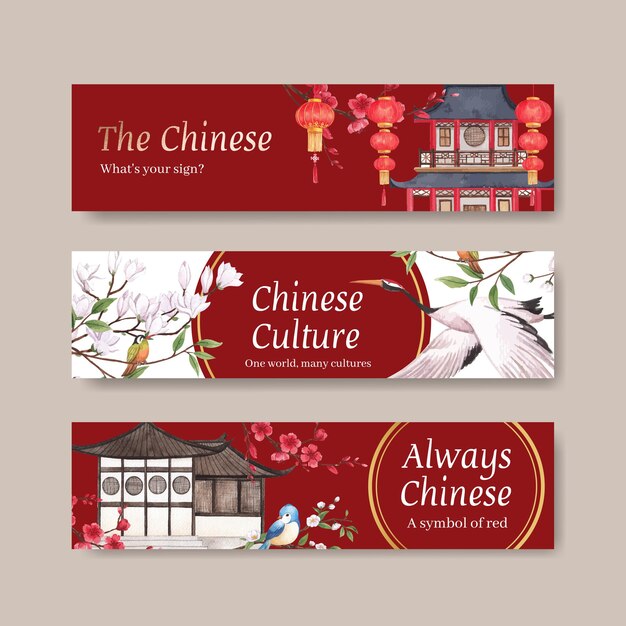 Free vector banner template with happy chinese new year concept design with advertise and marketing watercolor illustration