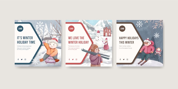Free vector banner template with happy winter in watercolor style