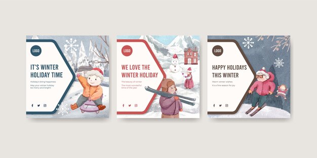 Banner template with happy winter in watercolor style