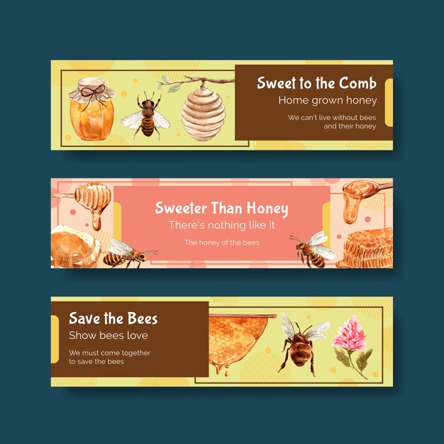 Banner template with honey for advertise watercolor