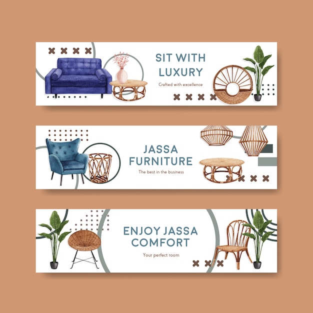 Free vector banner template with jassa furniture concept design for advertise and marketing watercolor vector illustration