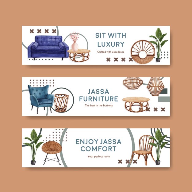 水彩のベクトル図を宣伝およびマーケティングするためのJassa家具のコンセプトデザインのバナーテンプレート