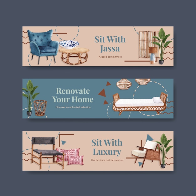 無料ベクター 水彩のベクトル図を宣伝およびマーケティングするためのjassa家具のコンセプトデザインのバナーテンプレート