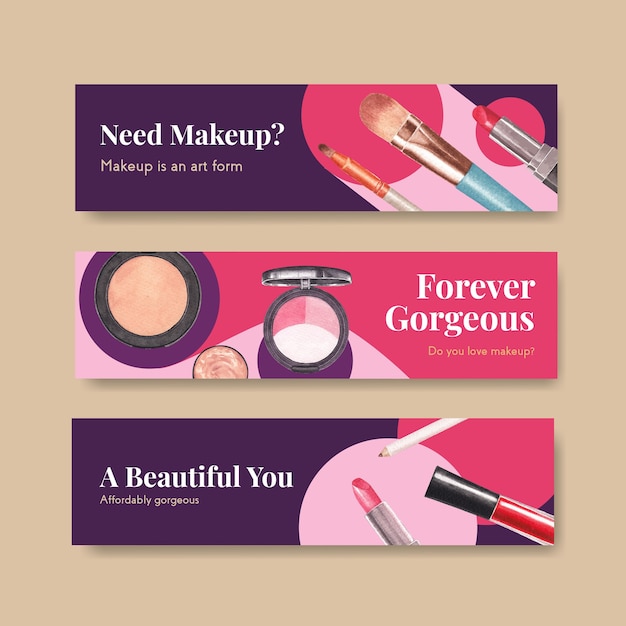 Banner template with makeup concept design for advertise and marketing watercoclor