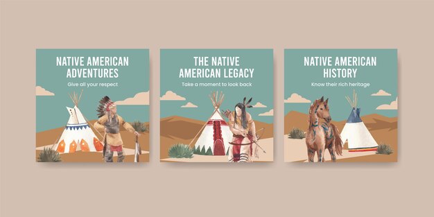 Banner template with native american in watercolor style