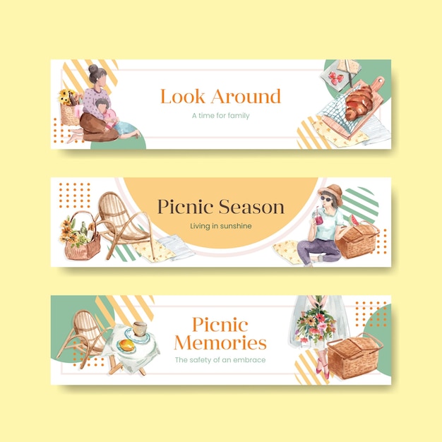 Modello di banner con concetto di viaggio picnic per pubblicizzare e marketing illustrazione dell'acquerello