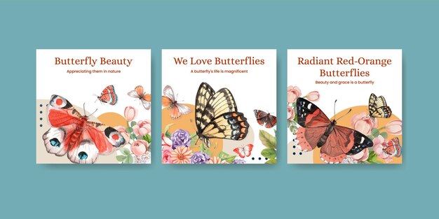 Banner template with red and orange butterfly in watercolor style