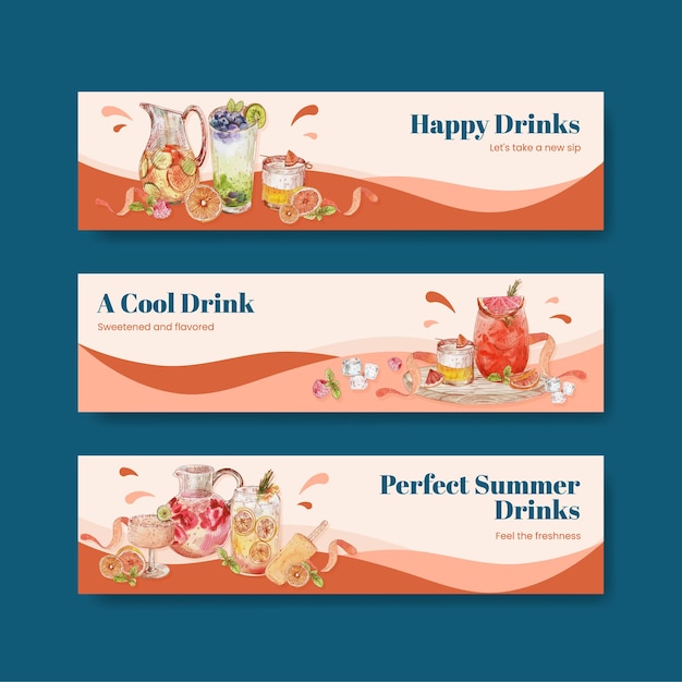 Free vector banner template with refreshment drinks concept,watercolor style