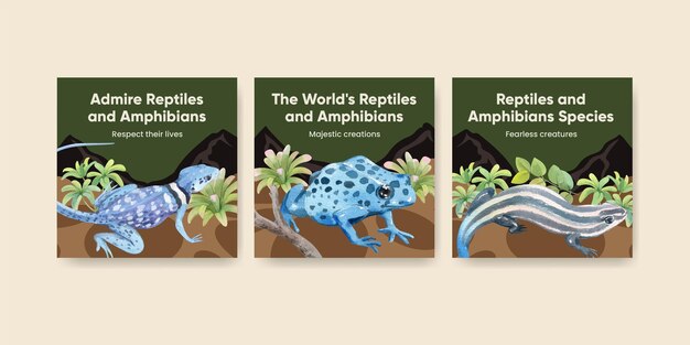 Free vector banner template with reptiles and amphibians animal concept,watercolor style