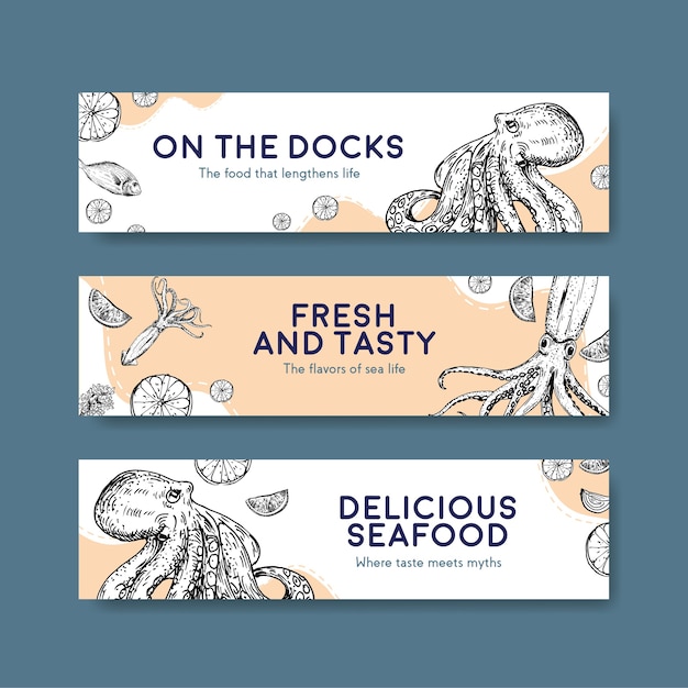 Modello di banner con concept design di frutti di mare per pubblicità e illustrazione di brochure
